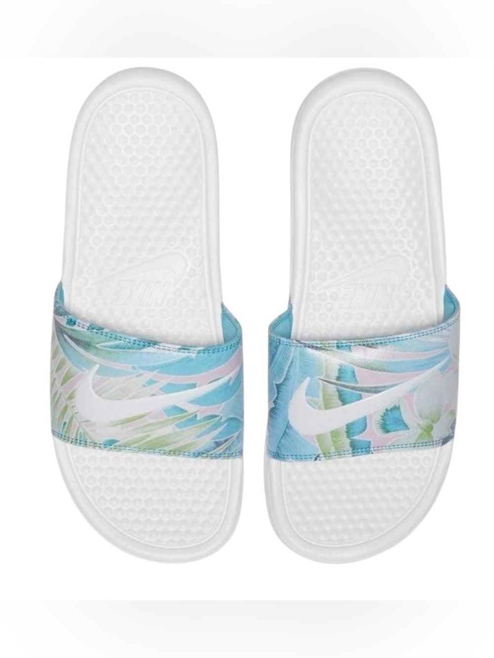 Nike Benassi JDI Tropical Floral Palm Leaf Slide Sandals White Blue Women 8.5